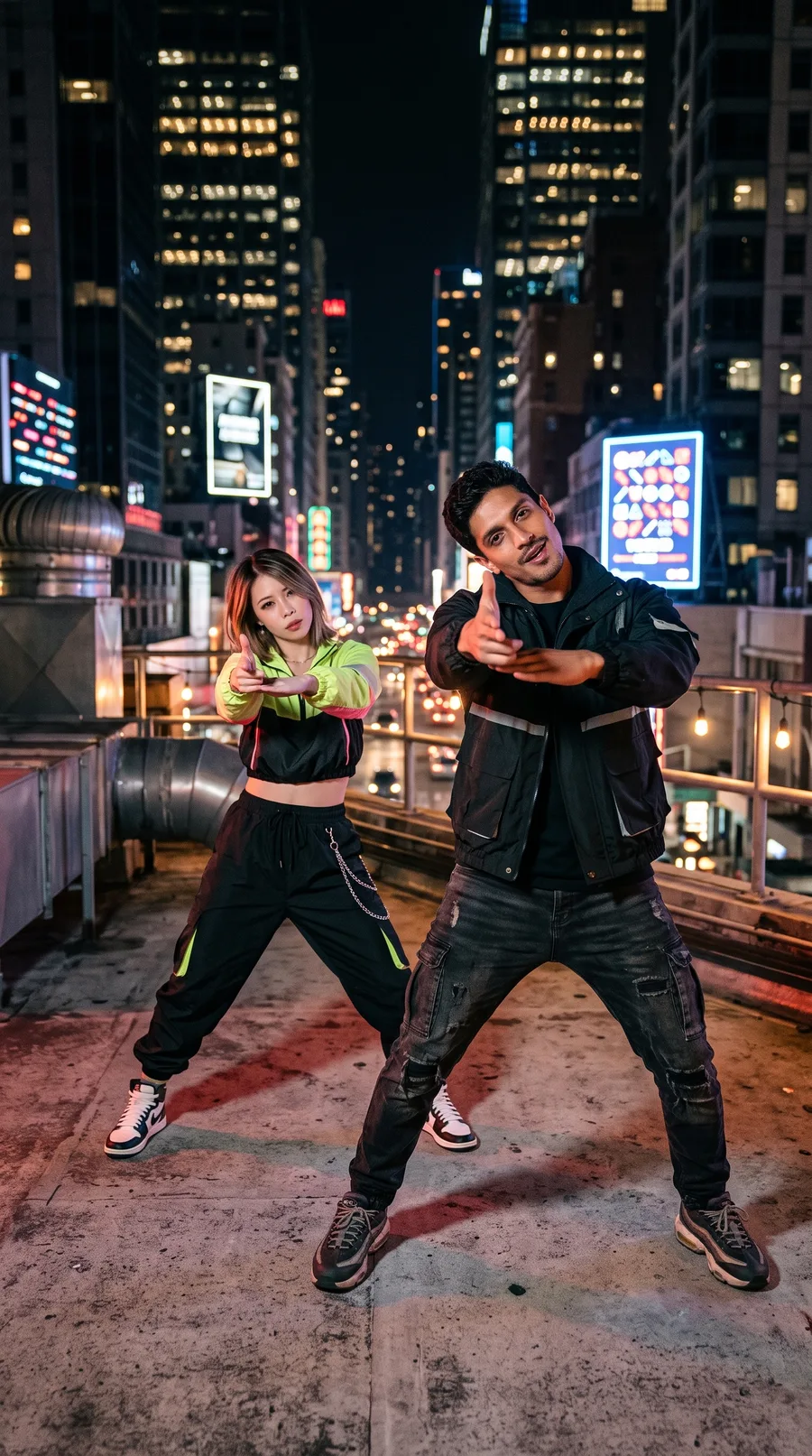 AI-generated neon dance, fictional characters: two dancers striking a wide stance on a rooftop at night